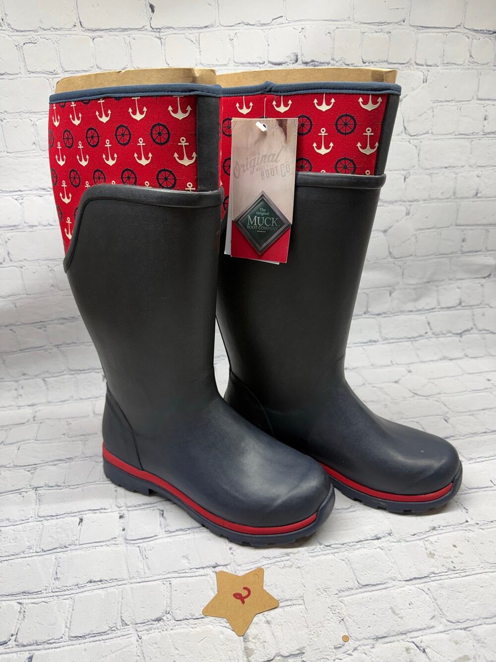 NWT Muck Boot Cambridge Tall Rain Boots Navy Nautical Anchor Print Women's 5